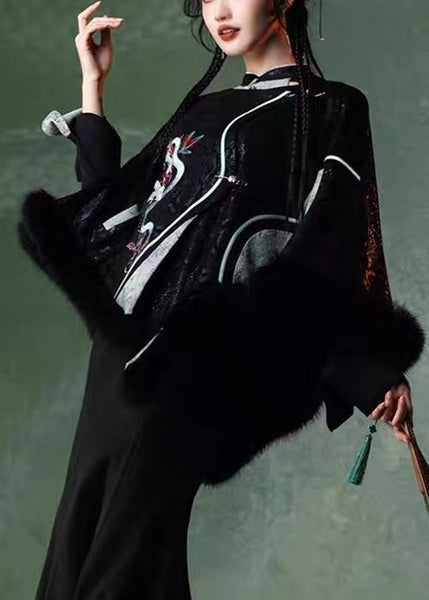 Fine Black Embroidered Patchwork Faux Suede Cape Coats Spring YT035 ABC