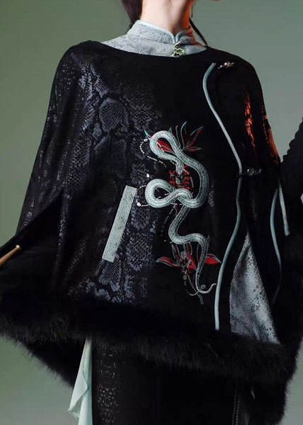 Fine Black Embroidered Patchwork Faux Suede Cape Coats Spring YT035 ABC