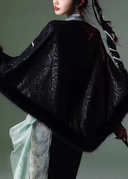 Fine Black Embroidered Patchwork Faux Suede Cape Coats Spring YT035 ABC