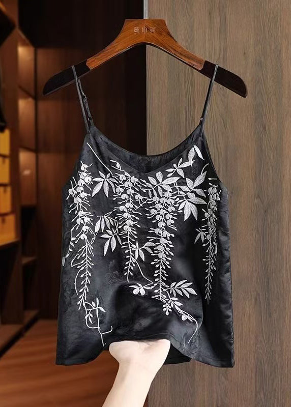 Strap Summer Spaghetti Vests Fine Silk Embroidered Black FashionChic
