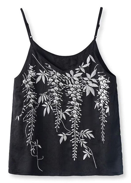 Strap Summer Spaghetti Vests Fine Silk Embroidered Black FashionChic