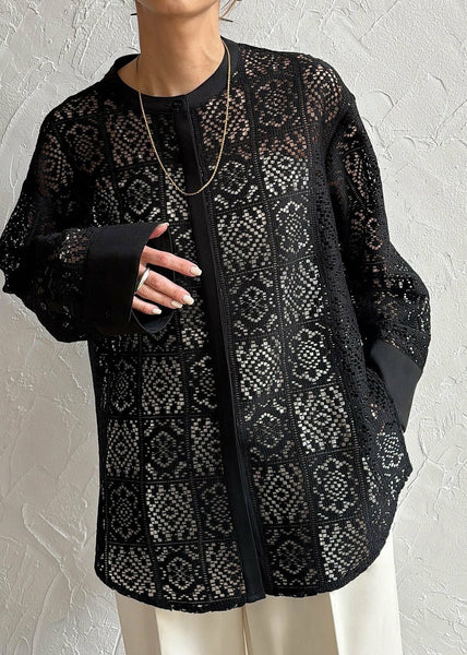 Open Black Lace Hollow Out Fine Side Summer Tops FashionChic