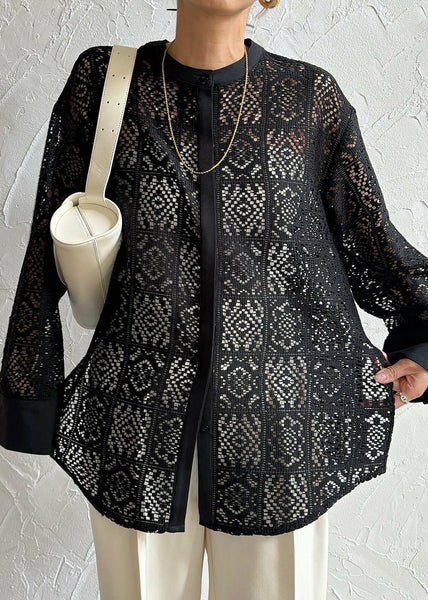 Open Black Lace Hollow Out Fine Side Summer Tops FashionChic