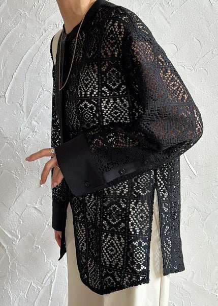 Open Black Lace Hollow Out Fine Side Summer Tops FashionChic