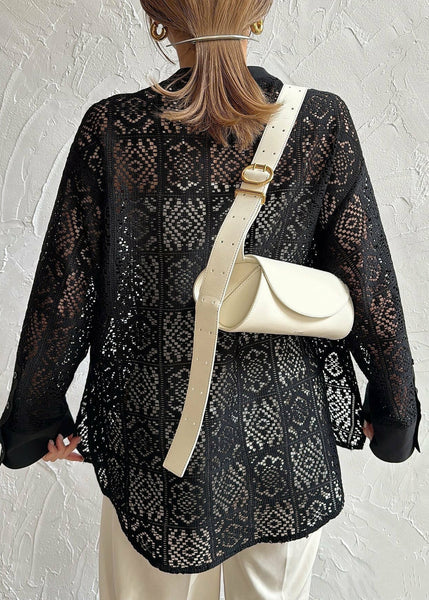 Open Black Lace Hollow Out Fine Side Summer Tops FashionChic