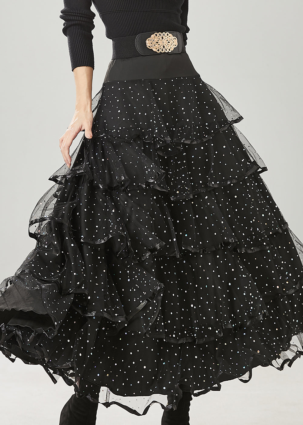 Fine Black Layered Ruffles Tulle Holiday Skirt Spring YU1011 Ada Fashion