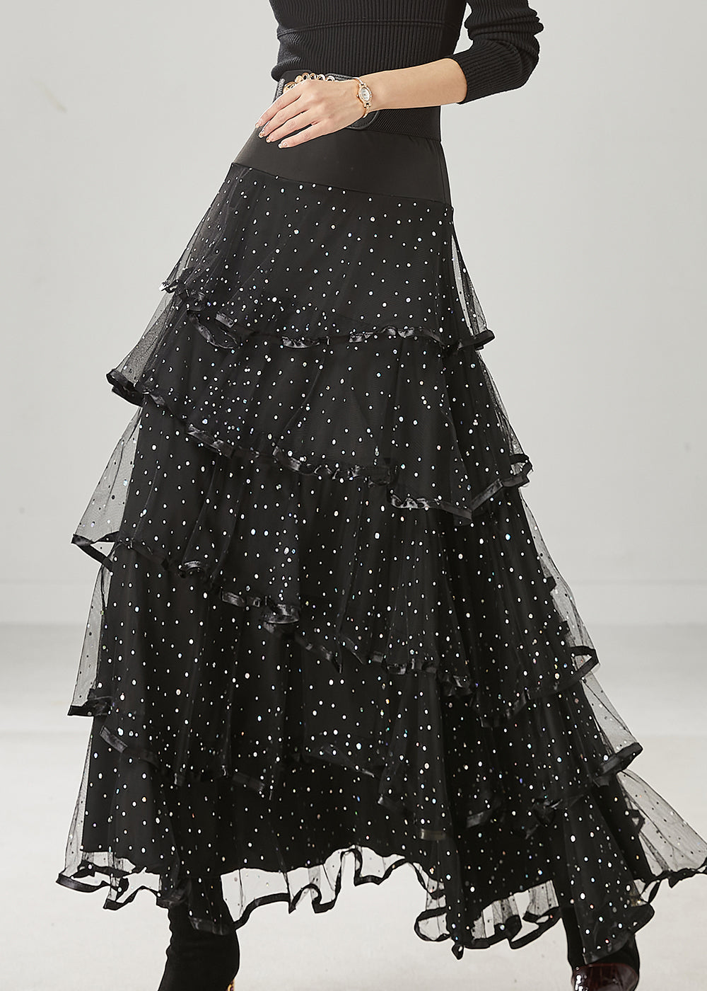 Fine Black Layered Ruffles Tulle Holiday Skirt Spring YU1011 Ada Fashion