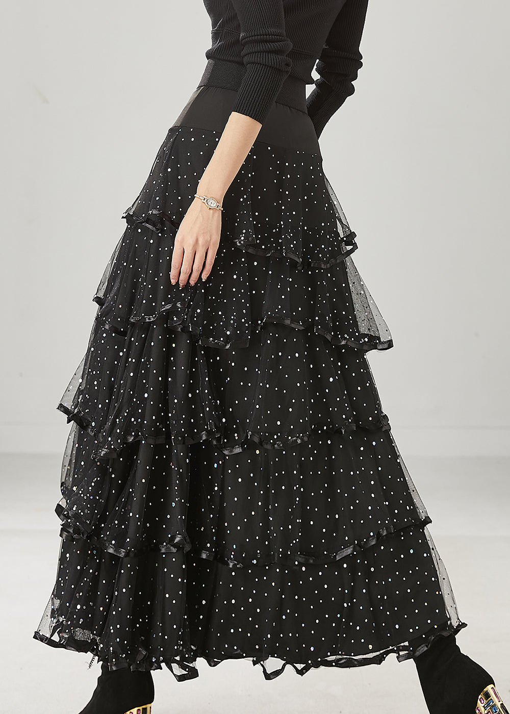 Fine Black Layered Ruffles Tulle Holiday Skirt Spring YU1011 Ada Fashion