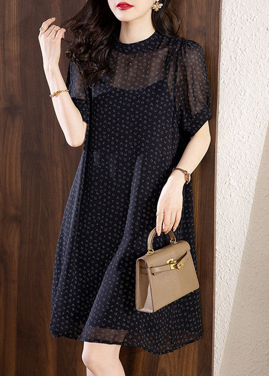 Fine Black Letter Print Chiffon Dress Two Pieces Set Summer YY027 OL-TPIEC2408-16