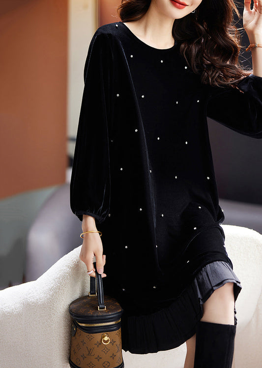 Fine Black O Neck Nail Bead Patchwork Velvet Dress Fall AC1007 Genistyle Shop