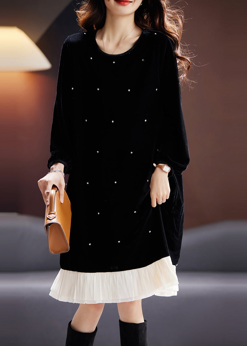 Fine Black O Neck Nail Bead Patchwork Velvet Dress Fall AC1007 Genistyle Shop