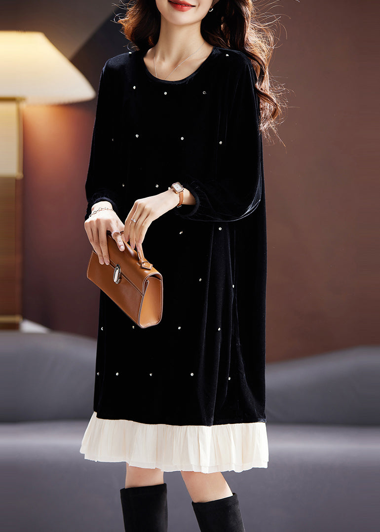 Fine Black O Neck Nail Bead Patchwork Velvet Dress Fall AC1007 Genistyle Shop