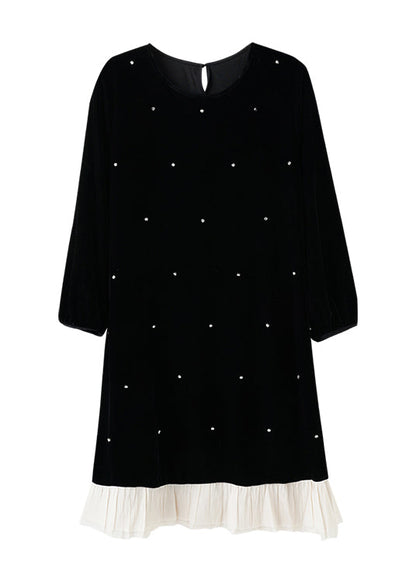 Fine Black O Neck Nail Bead Patchwork Velvet Dress Fall AC1007 Genistyle Shop