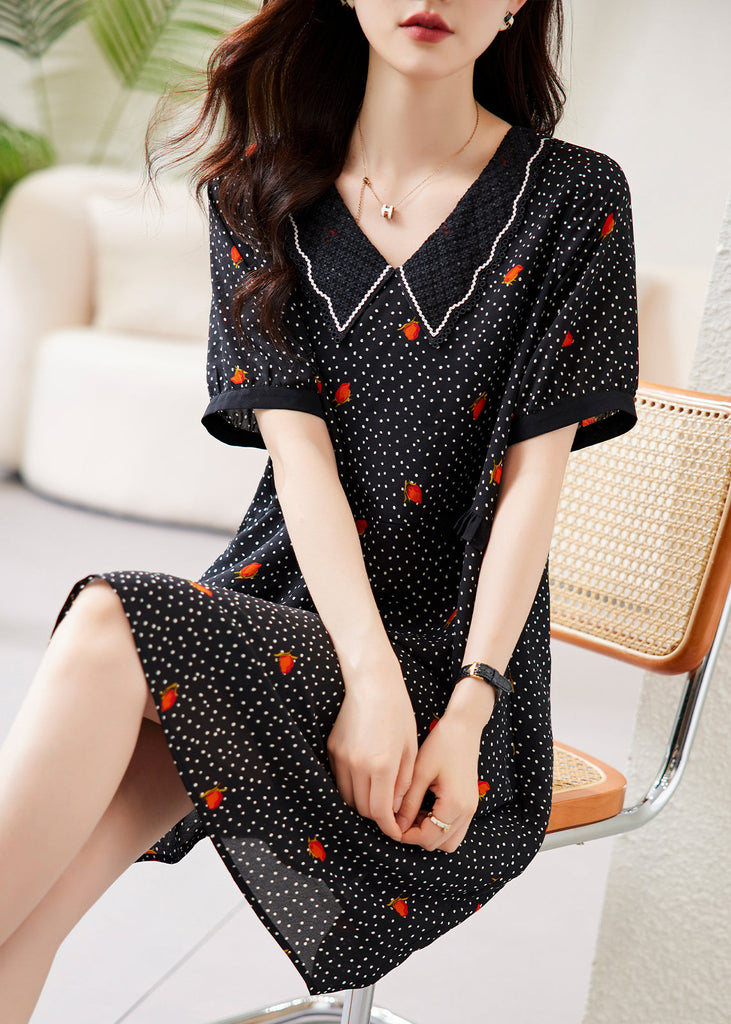 Fine Black Peter Pan Collar Dot Print Chiffon Maxi Dresses Short Sleeve WW041 OL-SDL240812