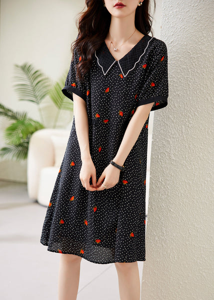 Fine Black Peter Pan Collar Dot Print Chiffon Maxi Dresses Short Sleeve WW041 OL-SDL240812