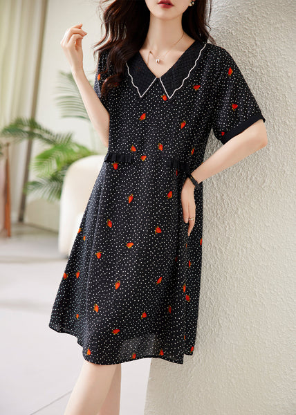 Fine Black Peter Pan Collar Dot Print Chiffon Maxi Dresses Short Sleeve WW041 OL-SDL240812
