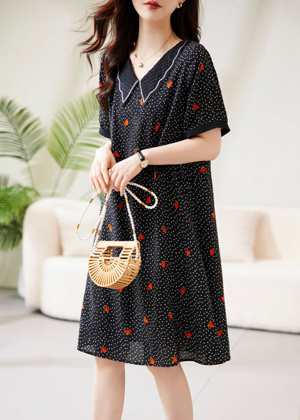 Fine Black Peter Pan Collar Dot Print Chiffon Maxi Dresses Short Sleeve WW041 OL-SDL240812