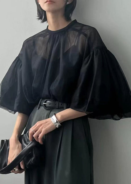 Fine Puff Sheer Tops Tulle Summer Black Sleeve FashionChic