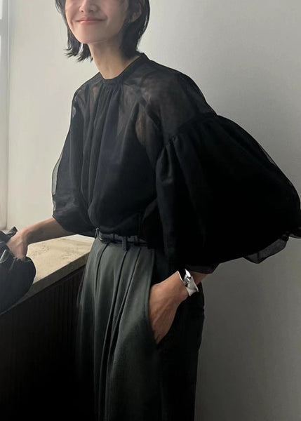 Fine Puff Sheer Tops Tulle Summer Black Sleeve FashionChic