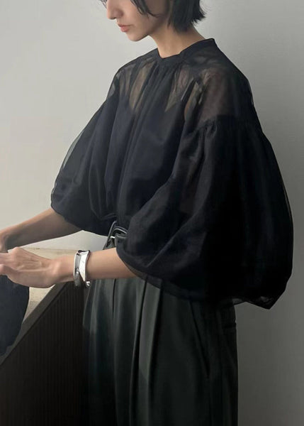 Fine Puff Sheer Tops Tulle Summer Black Sleeve FashionChic