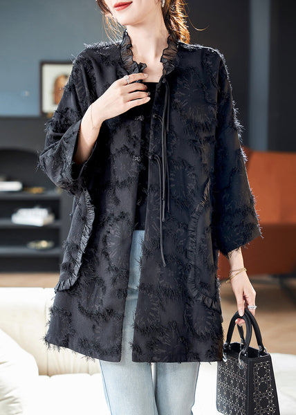 Spring Fine Patchwork Ruffled Black Button Coat FashionChic