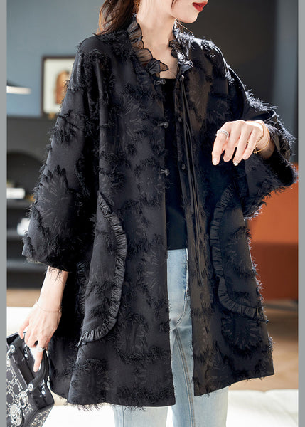 Spring Fine Patchwork Ruffled Black Button Coat FashionChic