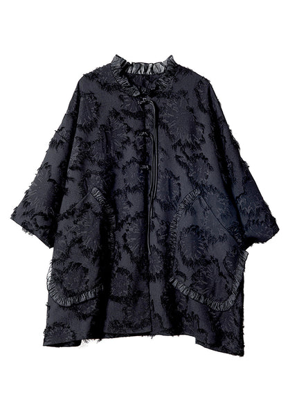 Spring Fine Patchwork Ruffled Black Button Coat FashionChic