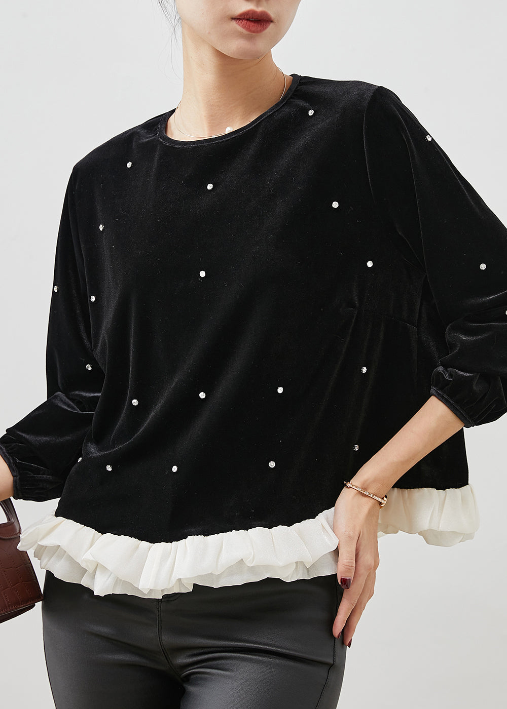 Fine Black Ruffled Patchwork Nail Bead Velour Blouse Tops Spring YU1055 Ada Fashion