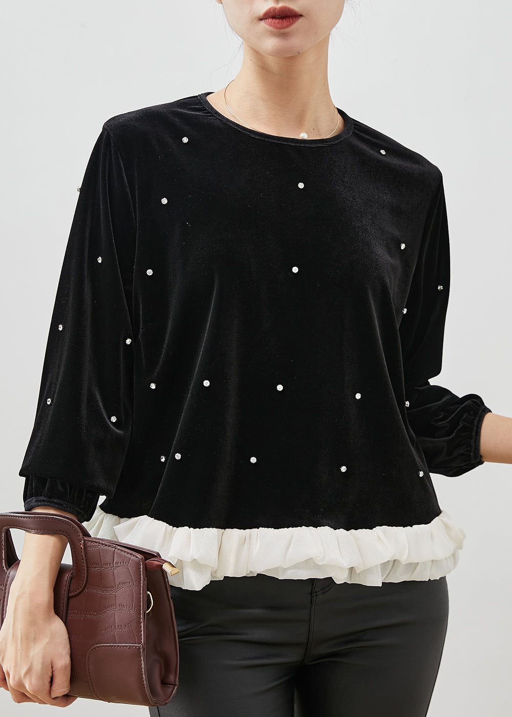 Fine Black Ruffled Patchwork Nail Bead Velour Blouse Tops Spring YU1055 Ada Fashion