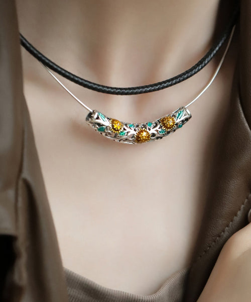 Fine Black Sterling Silver Crystal Sunflower Choker KX1031 Ada Fashion
