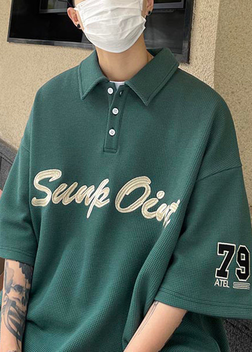 Blackish Fine Shirts Summer Letter Green Cotton Button Men Polo FashionChic