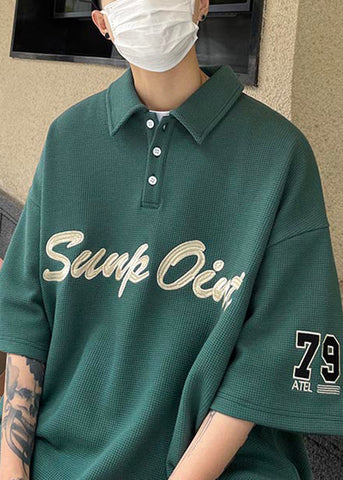 Blackish Fine Shirts Summer Letter Green Cotton Button Men Polo FashionChic