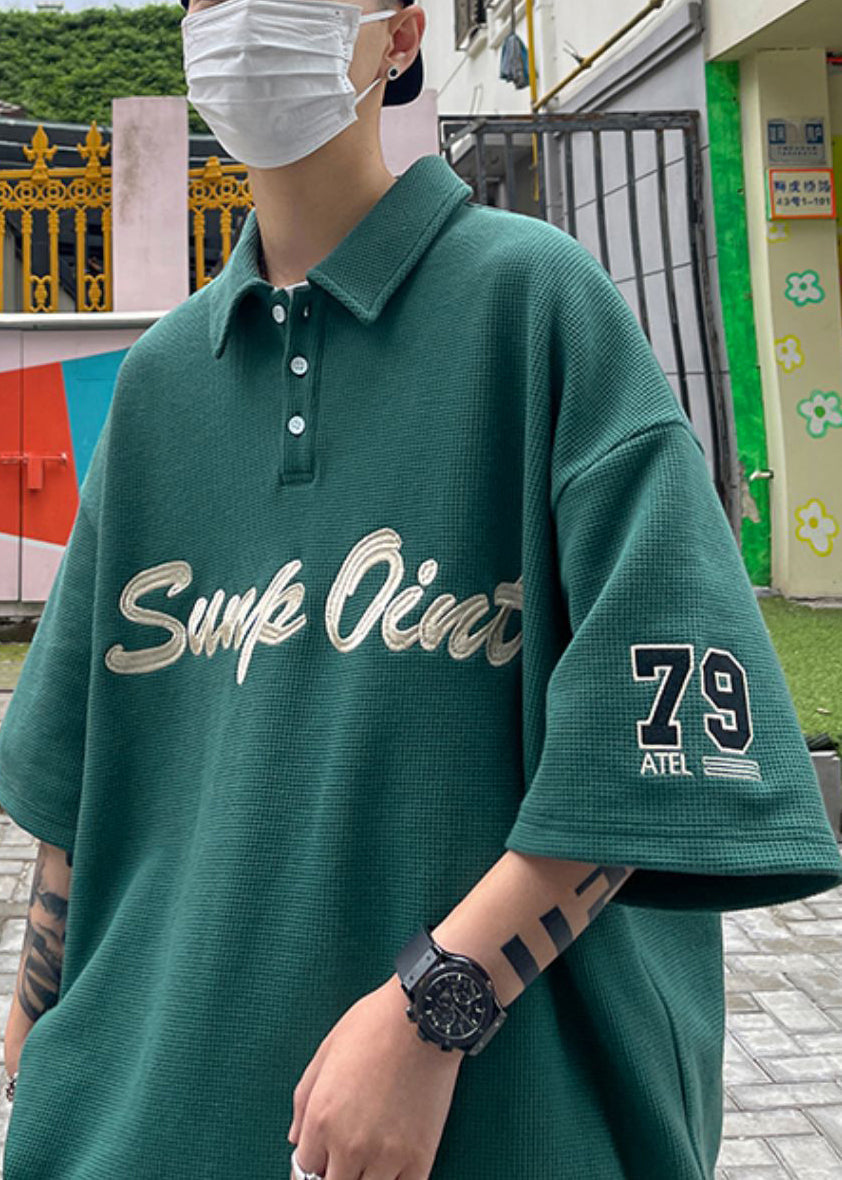 Blackish Fine Shirts Summer Letter Green Cotton Button Men Polo FashionChic