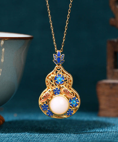 Fine Blue Ancient Gold Jade Enamel Lotus Flower Gourd Pendant Necklace KX1073 Ada Fashion