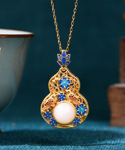 Fine Blue Ancient Gold Jade Enamel Lotus Flower Gourd Pendant Necklace KX1073 Ada Fashion