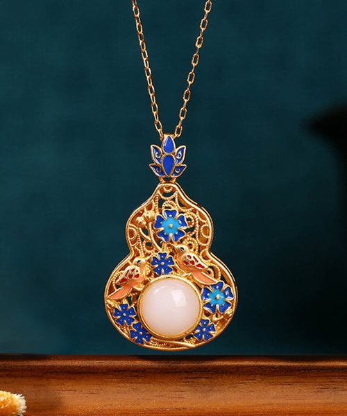 Fine Blue Ancient Gold Jade Enamel Lotus Flower Gourd Pendant Necklace KX1073 Ada Fashion