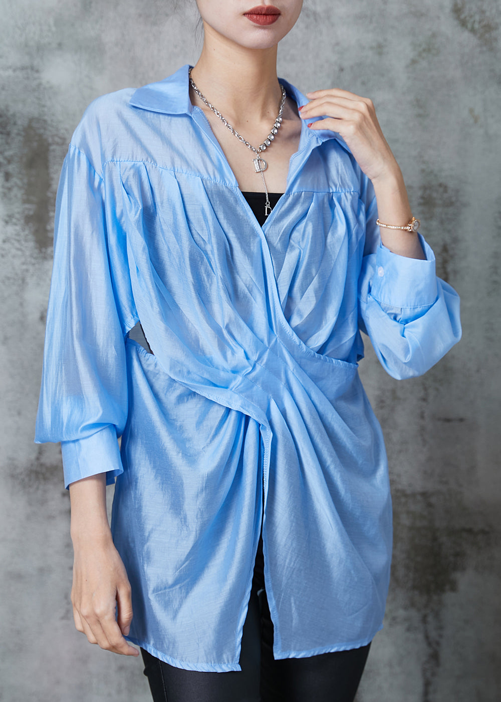 Fine Blue Asymmetrical Wrinkled Linen Blouse Top Summer AL1021 Genistyle Shop