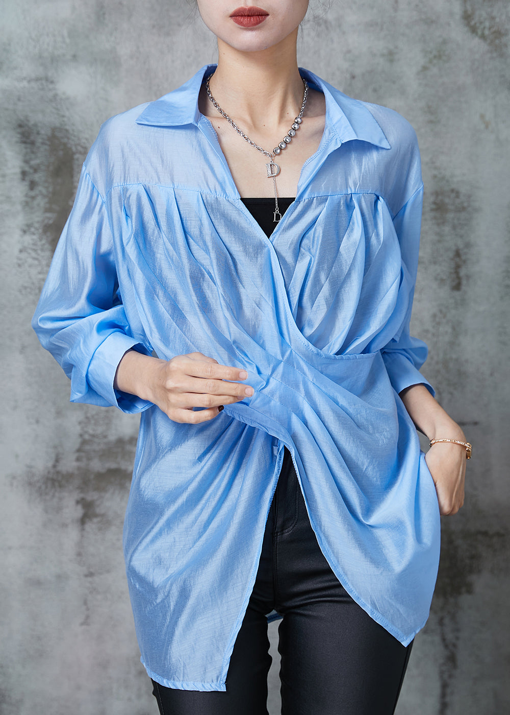 Fine Blue Asymmetrical Wrinkled Linen Blouse Top Summer AL1021 Genistyle Shop