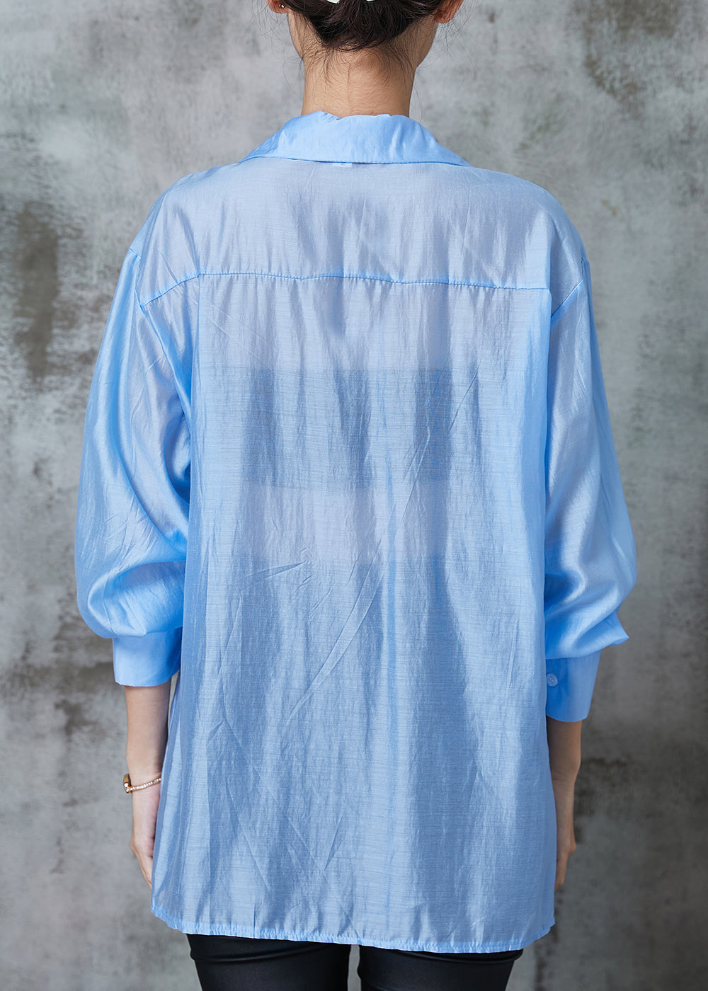 Fine Blue Asymmetrical Wrinkled Linen Blouse Top Summer AL1021 Genistyle Shop