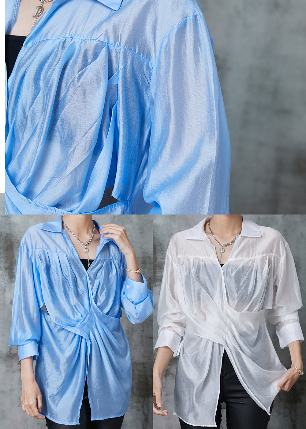 Fine Blue Asymmetrical Wrinkled Linen Blouse Top Summer AL1021 Genistyle Shop