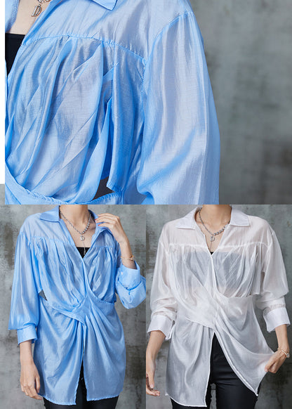 Fine Blue Asymmetrical Wrinkled Linen Blouse Top Summer AL1021 Genistyle Shop