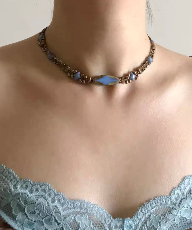 Fine Blue Copper Overgild Beading Gratuated Bead Necklace QU015 JEW-NLC241007