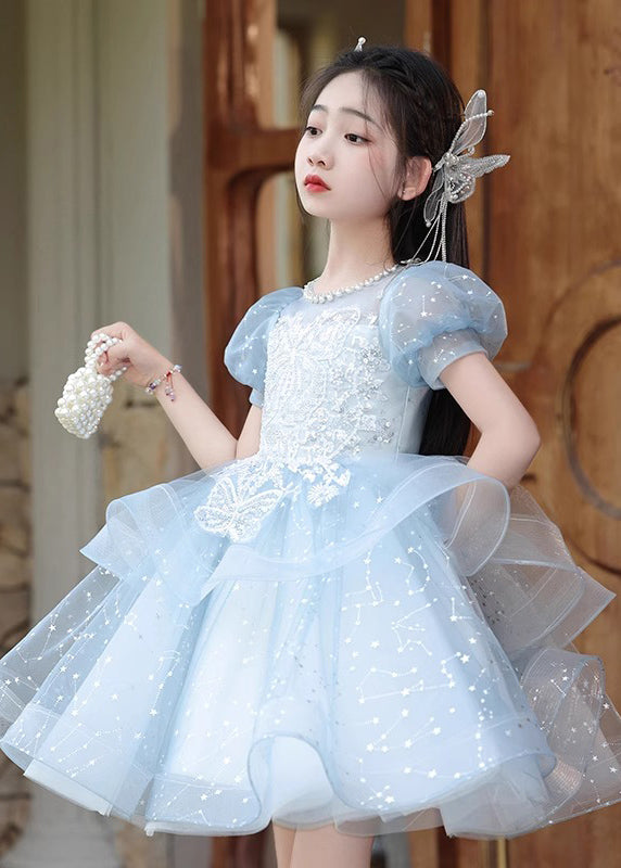 Fine Blue Nail Bead Bow Tulle Girls Maxi Dresses Summer QV008 WS-JRTZSDGL241026