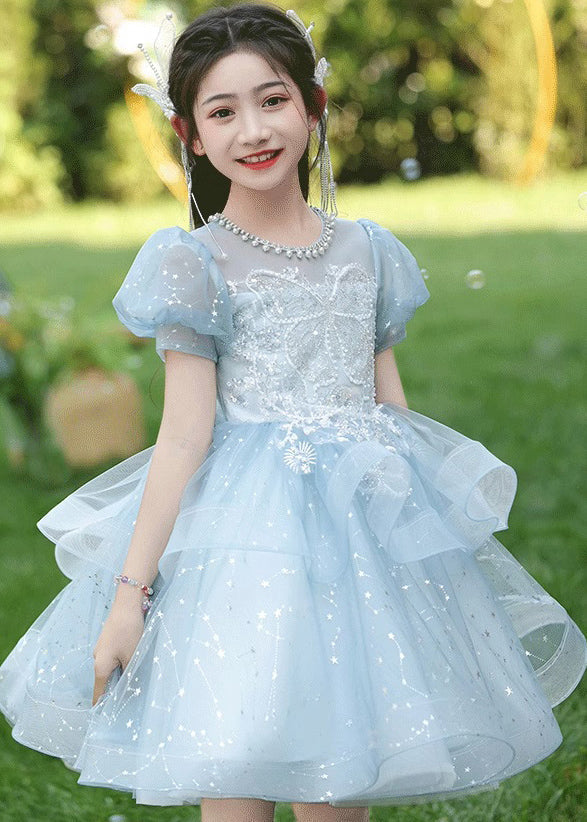 Fine Blue Nail Bead Bow Tulle Girls Maxi Dresses Summer QV008 WS-JRTZSDGL241026