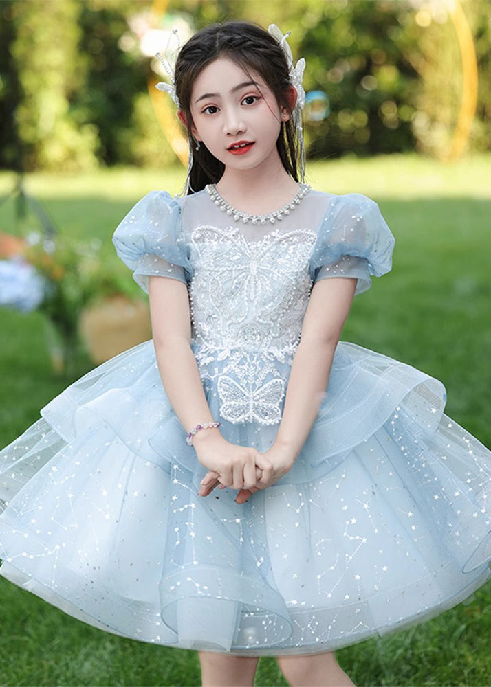 Fine Blue Nail Bead Bow Tulle Girls Maxi Dresses Summer QV008 WS-JRTZSDGL241026