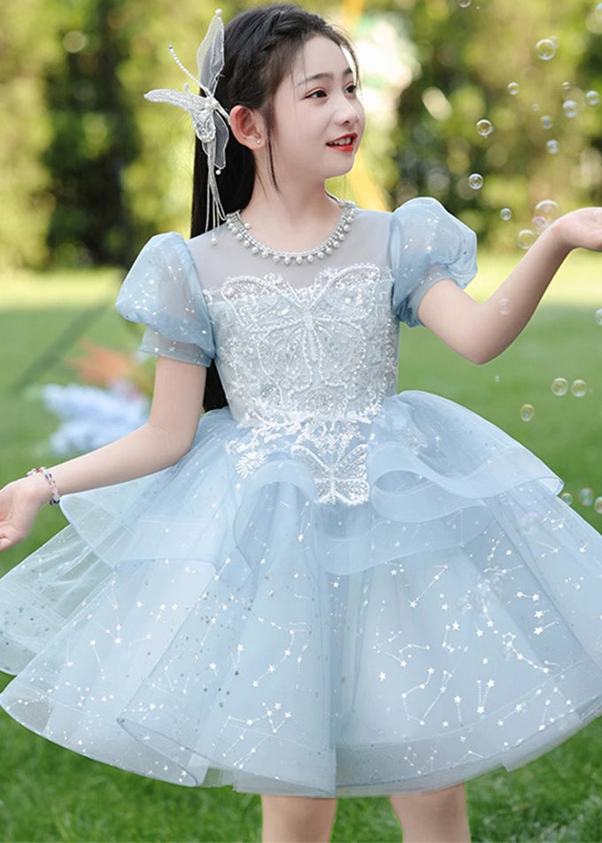 Fine Blue Nail Bead Bow Tulle Girls Maxi Dresses Summer QV008 WS-JRTZSDGL241026