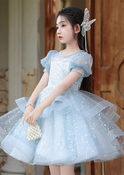 Fine Blue Nail Bead Bow Tulle Girls Maxi Dresses Summer QV008 WS-JRTZSDGL241026