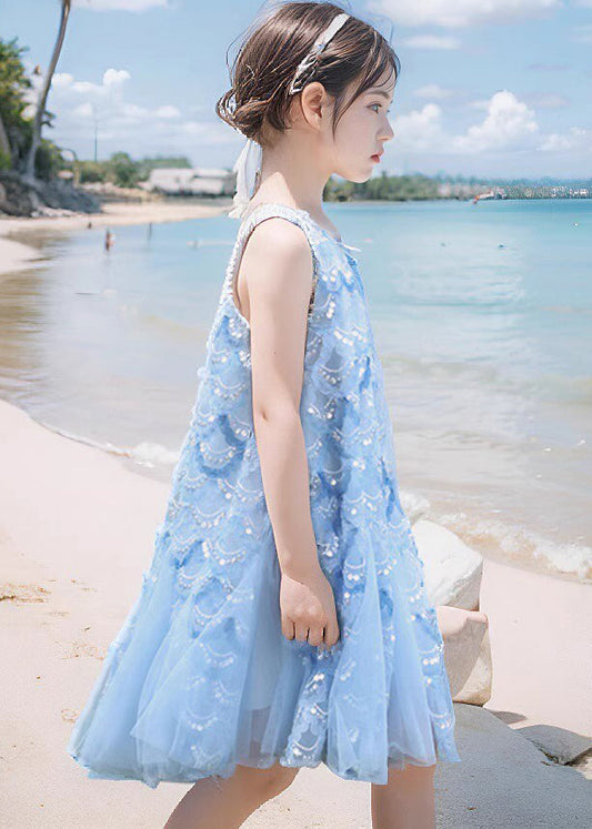 Fine Blue O-Neck Sequins Tulle Girls Maxi Dress Sleeveless EW003 WS-JRTZSDL240810