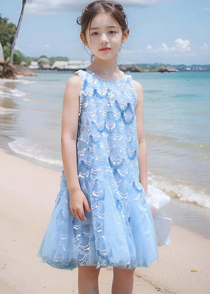 Fine Blue O-Neck Sequins Tulle Girls Maxi Dress Sleeveless EW003 WS-JRTZSDL240810