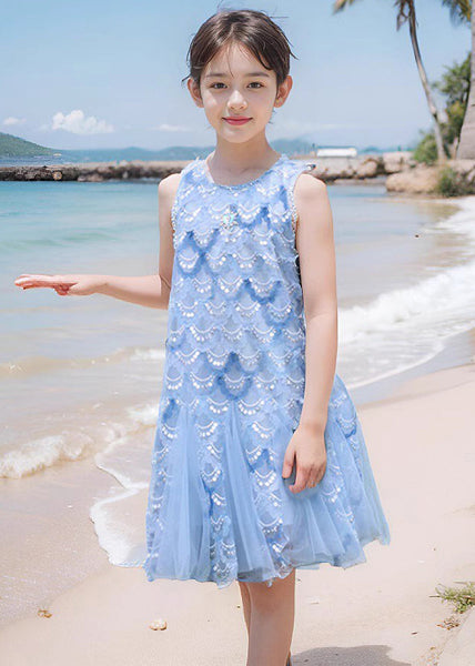Fine Blue O-Neck Sequins Tulle Girls Maxi Dress Sleeveless EW003 WS-JRTZSDL240810